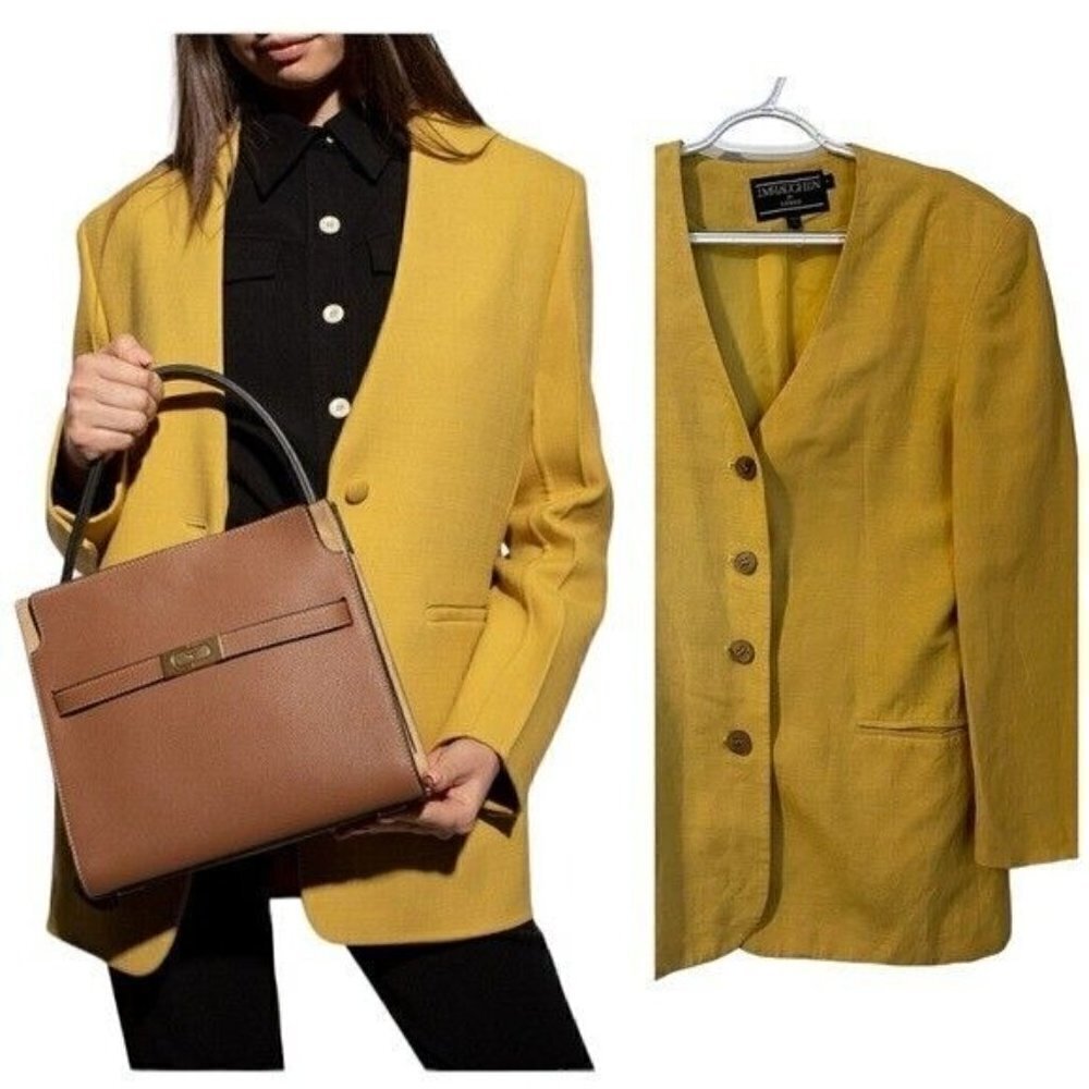 VTG J. McLaughlin for Sanyo Yellow Blue Linen Blend Blazer Women’s Size 8